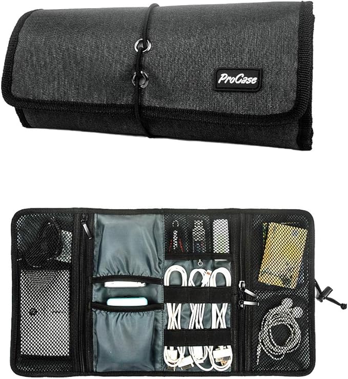 ProCase Electronic Organizer Cord Pouch, Travel Cable Charger Phone Accessories Bag Organizer Roll up Tech Carrying Case for USB Cables SD Memory Cards Earphone Flash Hard Drive –Black