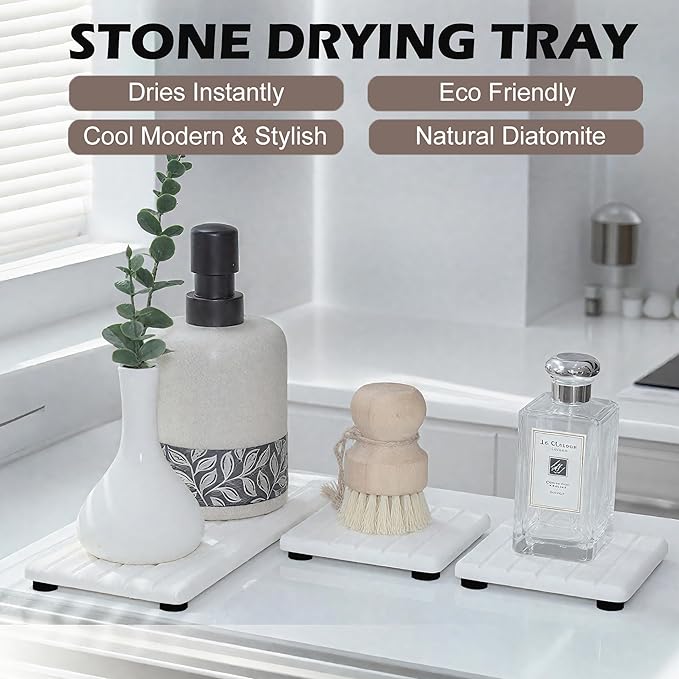 3PCS Stone Drying Tray, Stones Soap Trays, Water Absorbing Stone Tray for Sink, Fast Dry Diatomite Stones Mat, Used for Hand Soaps,Sponge,Toothbrush Holder in Bathroom Counter and Kitchen Sinks