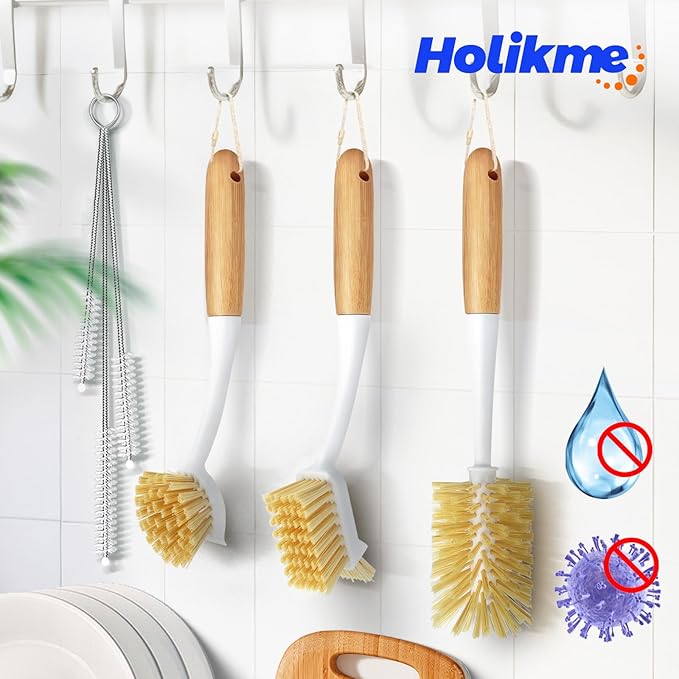 Holikme 6 Pack Dish Brush Set with Bottle Brush, Dish Scrub Brush, Pan Brush and 3 Straw Brushes, Deep Cleaning Handle Brush with Scraper Tip for Kitchen Sink Dishes Bottle Cup Pot and Pans (Yellow)