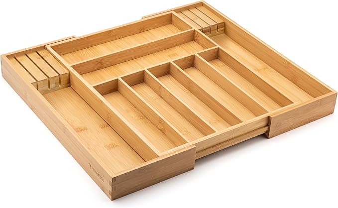 Bamboo Drawer Organizer with Knife Blocks - Silverware Organizer & Utensil Drawer Organizer, Cutlery Tray with Dividers, 7-9 Slots- Premium Kitchen Organizer for Utensils & Flatware (Natural)