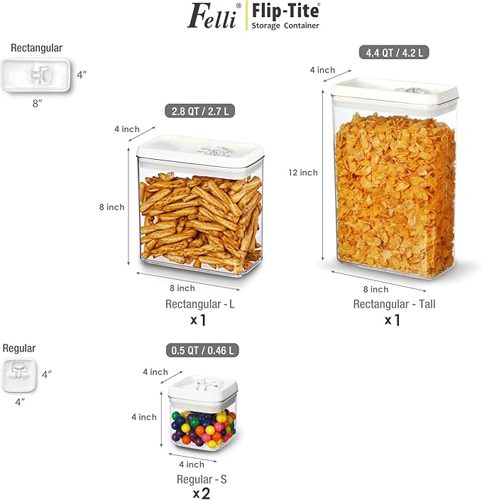 Felli Flip Tite Storage Container with Lid 4" RECTANGULAR Air Tight Ring Flip Top, Stackable Acrylic Canister for Kitchen Counter Pantry