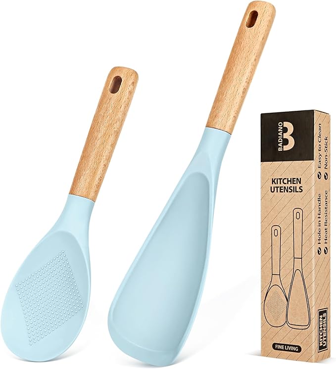 Cooking Spoon and Rice Scooper for Nonstick Cookwares, Great for Cooking and Serving Sturdy BPA-Free Matte Silicone, Wood Handle Spoon for Mixing, Scoop, and Scrape (BLUE)