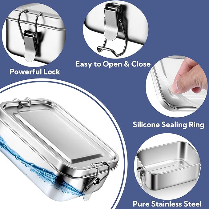 E-far Stainless Steel Bento Box, Mini 550ml Metal Lunch Box, 18.6oz Leak-Proof Food Snack Container with Lids, Reusable Meal Storage for Camping Picnic Travel Work