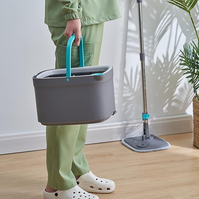 True & Tidy® SPIN-800 TrueClean Mop and Bucket System Upgraded Version w/Side Brush & Self-Standing Handle, Self Wringing Spin Mop w/Separate Compartments for Clean and Dirty Water