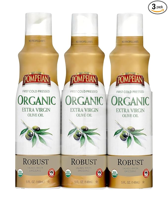 Pompeian Robust Organic Extra Virgin Olive Oil Spray - (3 Pack) 5 fl oz, 148 mL - No Propellants - First Cold Pressed Olive Oil for Cooking - Robust Flavor for Salads, Pasta, and Drizzling