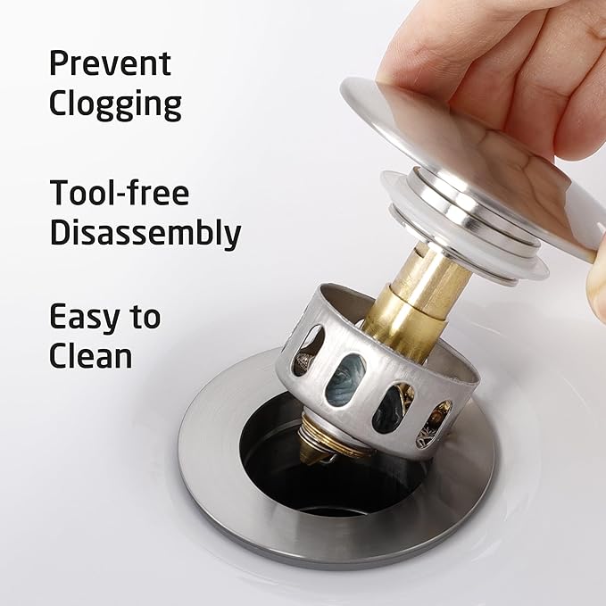 KES Bathroom Sink Drain with Strainer Basket Hair Catcher Anti Clog Pop Up Drain Stopper Vanity Vessel Sink Without Overflow