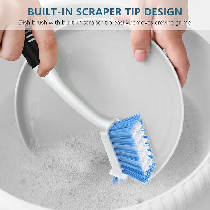 SetSail Dish Brush Set of 3 with Bottle Brush, Dish Scrub Brush with Long Handle Deep Cleaning Handle Brush with Scraper Tip for Kitchen Sink Dishes Bottle Cup Pot and Pans Tile Lines, Black Blue