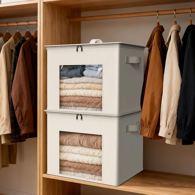 Zilink Fabric Storage Bins with Lid 4-Pack Stackable Cloth Storage Bins Sweater Organizer with Zipper & Clear Window Closet Organizers and Storage Box for Home, Office, Bedroom (Beige,17" x 12" x 12")
