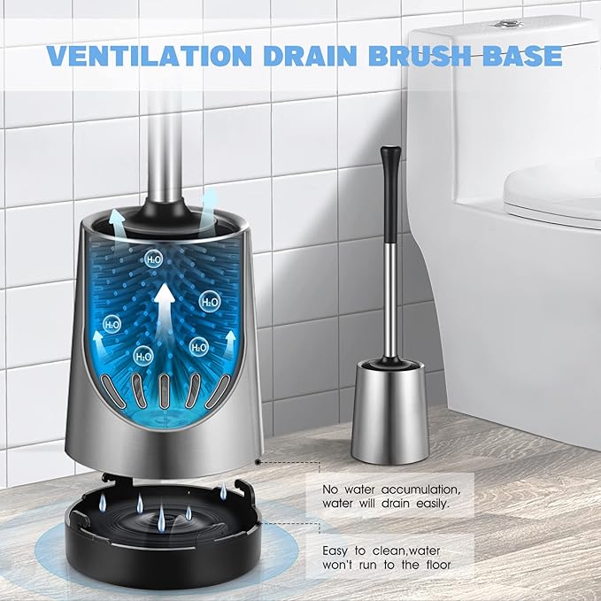 HAMITOR Toilet Bowl Brush Holder Set: 2Pack Silicone Stainless Steel Deep Cleaning Toilet Cleaner Brush for Bathroom Restroom - Compact Modern Rv Toilet Scrubber Accessories with Caddy