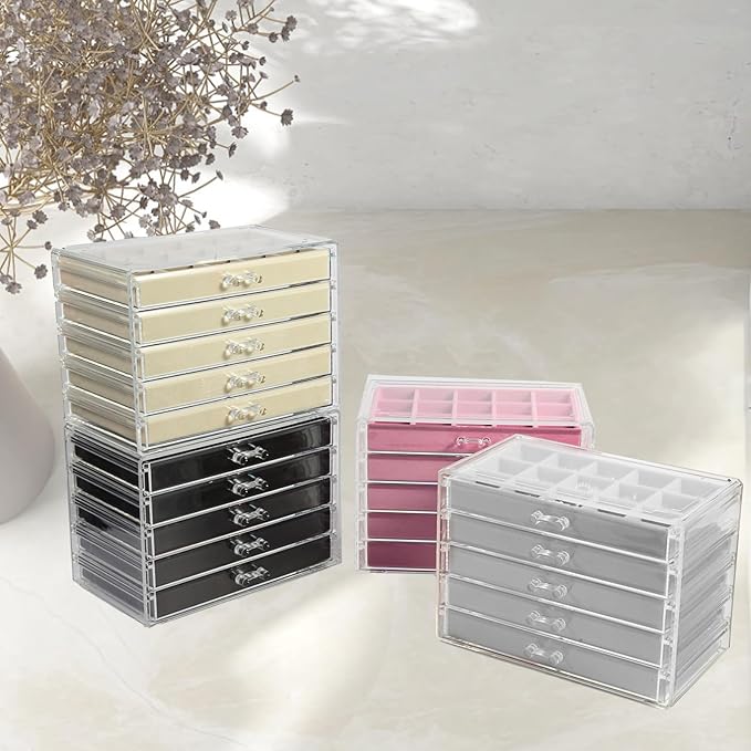 5 Drawers Clear Jewelry Box for Women and Girls, Pink