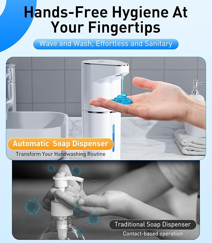 Automatic Soap Dispenser Touchless, 3-Level Adjustable 1200mAh, 13oz/350ml Wall or Countertop Mounted, Modern Electric Hand Soap Dispenser for Kitchen, Bathroom, Kids & Family - White