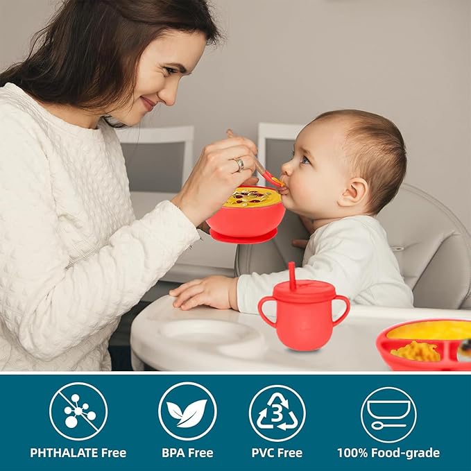 100% Silicone baby feeding set,BPA free Baby dishes set with Suction Bowl Divided Plate,Toddler Self Feeding Dish Set with Spoons Forks Sippy Cup And Bib, Baby Eating Utensils (Scarlet)