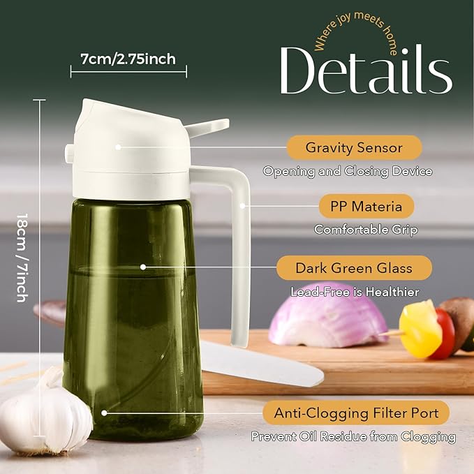 YARRAMATE 16oz/470ml Light-Blocking Dark Oil Sprayer for Cooking, 2 in 1 Olive Oil Dispenser Bottle for Kitchen, Premium Dark Green Glass Oil Bottle, Food-Grade Oil Mister for Air Fryer, BBQ (White)