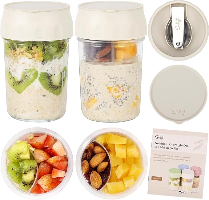 SOLIGT 2 Pack Overnight Oats Containers with Lids, Folding Spoons and Divided Compartments for Fruit & Nuts
