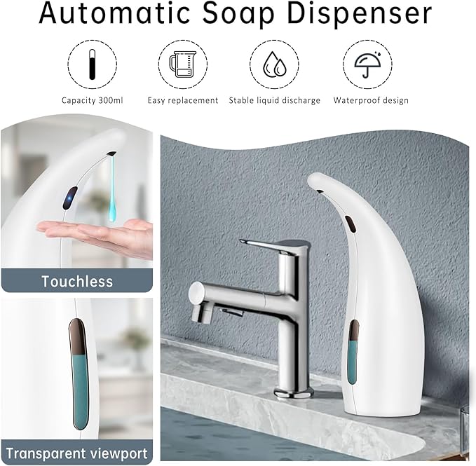 Automatic Liquid Soap Dispenser,300ML Touchless 4 Gear Adjustable,Countertop Electric Battery Operated White Hand Soap Dispenser with Sensor for Bathroom,Kitchen,Office