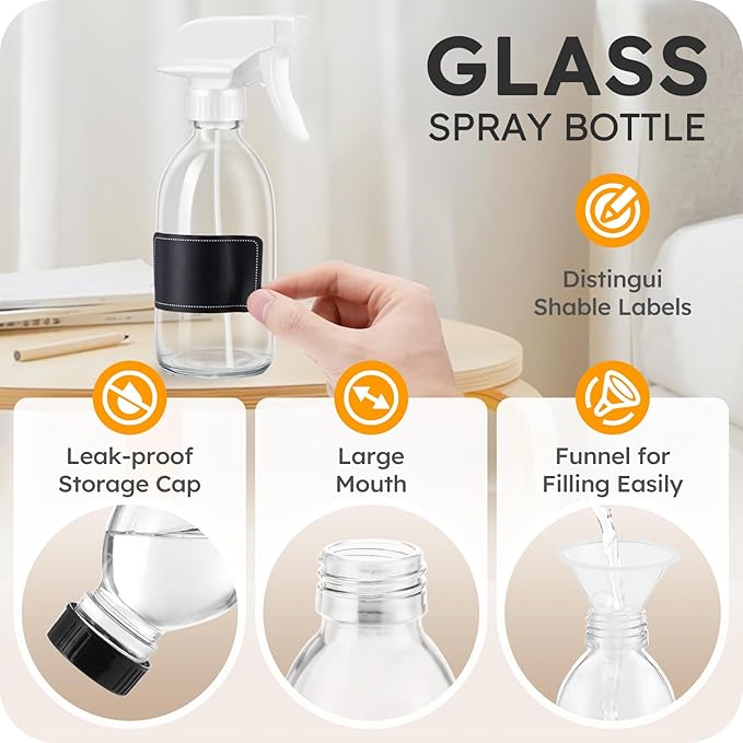 Tecohouse Glass Spray Bottle 8 oz, Clear Small Empty Refillable Sprayer Container with Labels, Funnel, Lids, Graduated Pipettes - Handheld Size