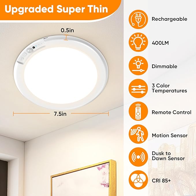 Rechargeable Motion Sensor Ceiling Lights with Remote, Battery Operated Closet Lights No Wiring, Wireless LED Shower Lights, 3 Colors Dimmable Overhead Lamps for Closet Shower Pantry Hallway, 2 Pack