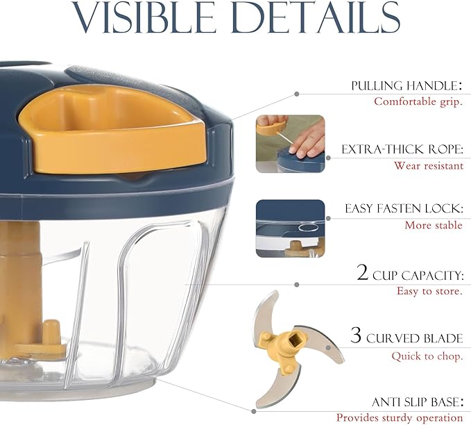 Ourokhome Manual Food Processor Vegetable Chopper, Portable Hand Pull String Garlic Mincer Onion Cutter for Vegetable, Ginger, Fruits, Nuts, Herbs, etc., 500ml, Deep Blue