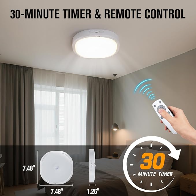 Rechargeable Motion Sensor Ceiling Light Indoor, 10000mAh Battery Operated Closet Light with Remote Control, Magnetic Mount Shower Light for Bathroom/Pantry/Garage