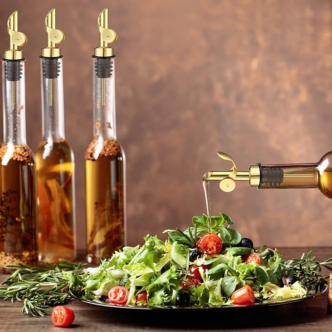 Kinlop 6 Pcs Weighted Stainless Steel Liquor Bottle Pourers Auto Flip Olive Oil Dispenser Spout Balsamic Alcohol Pourer Spouts (Gold)