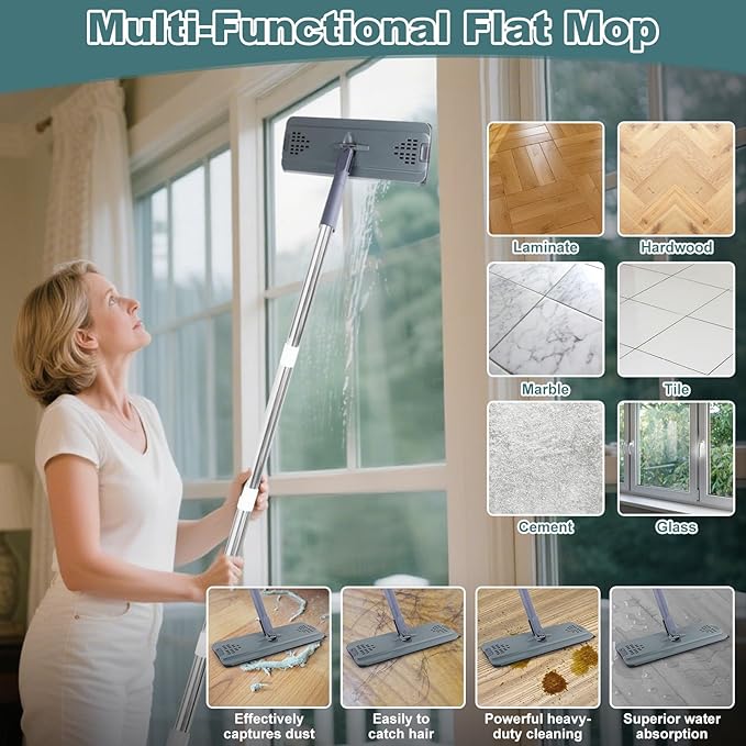 Flat Mop with 3 Pads, Microfiber Mops for Floor Cleaning Adjustable Handle 29-49, Dust Mop for Hardwood Floors, Wet Dry Use on Laminate Wood Tile Vinyl Wall Mopping Bathroom Kitchen Household Supplies