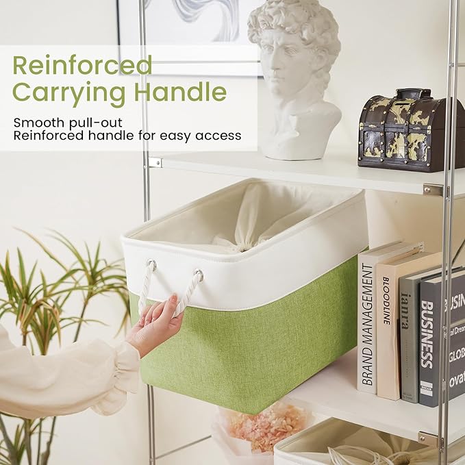 Large Storage Baskets- 16x12x12 inch Storage Bins for Shelves and Closet Organizing, Foldable Fabric Bin for Home Organization Clothes and Laundry (1-Pack, White&Green)