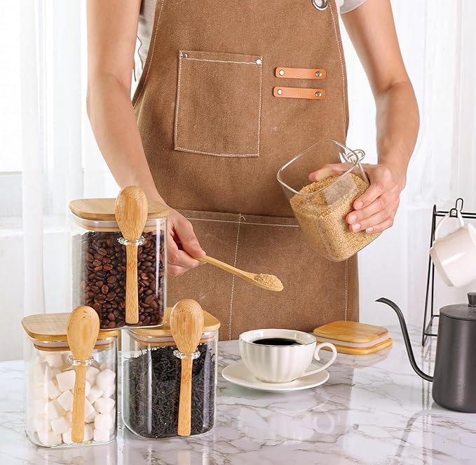 ComSaf 0.8 Qt Glass Jars with Bamboo Lids & Spoons Set of 4, Square Glass Containers with Lids, Sugar Coffee Containers Salt Spice Jars