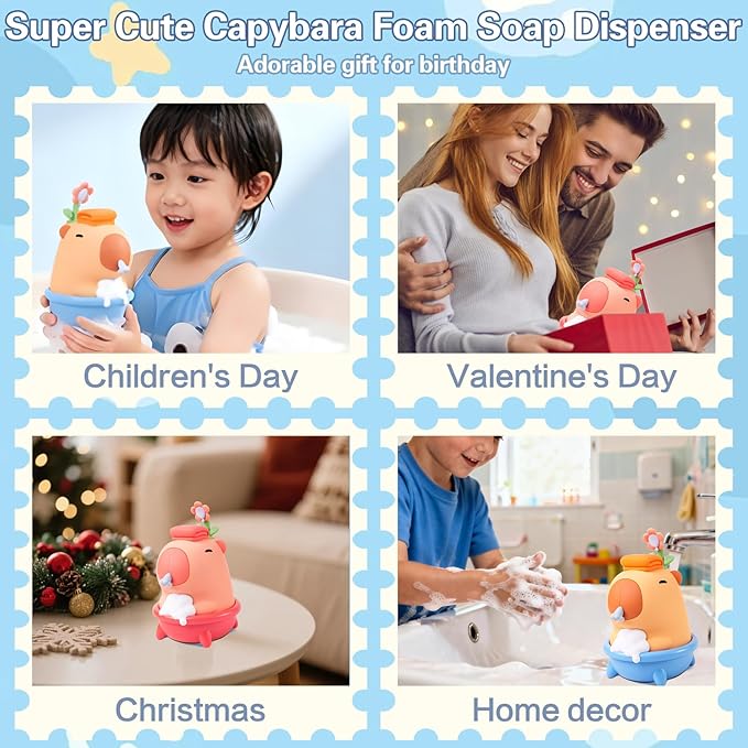 Capybara Automatic Soap Dispenser - Cute Kids Foam Soap Dispenser, Hand-Free IPX7 Waterproof USB Rechargeable Hand Sanitizer‌ Sensor Dispensers 9.5oz, Boys Girls Toddlers Birthday Gift, Pink