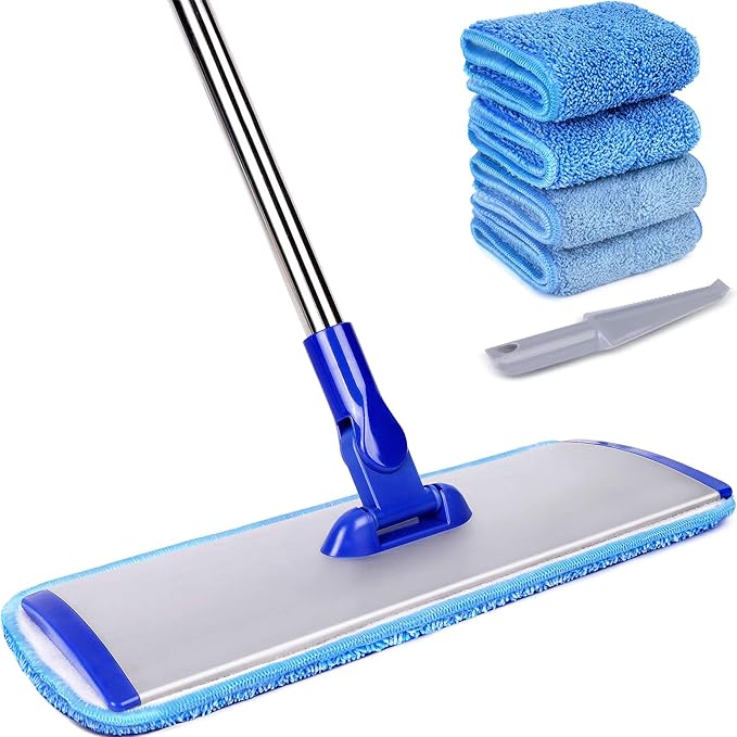 18" Professional Microfiber Mop Floor Cleaning System, Flat Mop with Stainless Steel Handle, 4 Reusable Washable Mop Pads, Wet and Dust Mopping for Hardwood, Vinyl, Laminate, Tile Cleaning