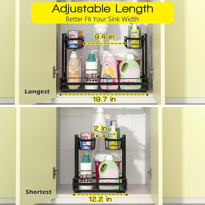 Expandable Under Sink Organizer 2-Tier Black Metal Storage Shelf