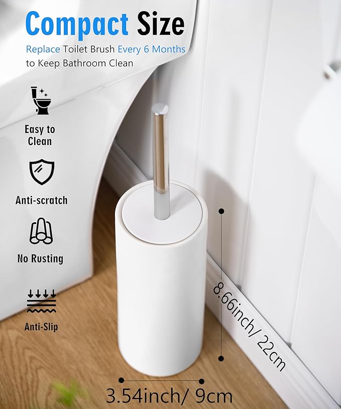 Matt White Ceramic Toilet Brush and Holder Set, Freestanding Toilet Bowl Cleaners Brush, Scrubber Brush for Toilet, Bathroom Accessories with Stainless Handle, Deep Cleaning