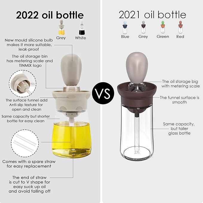 TINMIX Oil Dispenser Bottle with Brush - 2 IN 1 Kitchen Olive Oil Container with Silicone Pastry Basting Brush for Cooking Vinegar Sauce BBQ Grill Frying, T-OB22, White