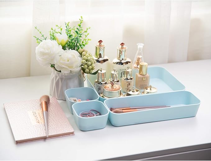 Set Of 12 Blue Color Plastic Desk Drawer Organizers For Makeup Bathroom Office