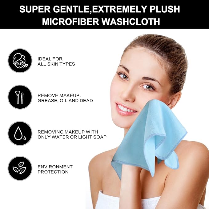 SINLAND Microfiber Facial Cloths Fast Drying Washcloth 12inch x 12inch Absorbent Face Wash Cloth Soft Makeup Remover Cloths