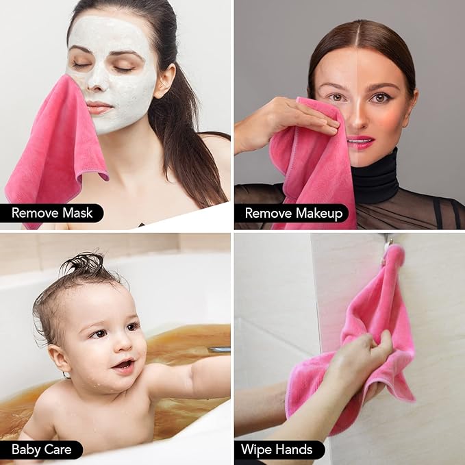 SINLAND Microfiber Facial Cloths Fast Drying Washcloth 12inch x 12inch Absorbent Face Wash Cloth Soft Makeup Remover Cloths Dark Pink 1 Count (Pack of 10)