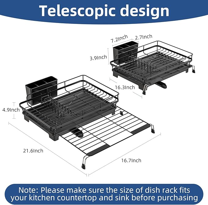 Expandable Dish Drying Rack, Rust-Proof Metal Dish Racks for Kitchen Counter with 360° Swivel Drain Spout, Space-Saving Dish Drainer with Utensil Holder for Small Apartment & Home Organization, Black
