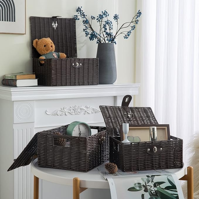 Set of 3 Woven Wicker Storage Basket Box with Lids & Lock, Brown