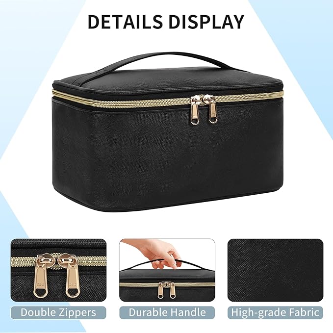 OCHEAL Makeup Bag, Portable Cosmetic Bag, Large Capacity Travel Makeup Case Organizer, Black For Women Toiletry Bag for Girls Traveling With Handle and Divider