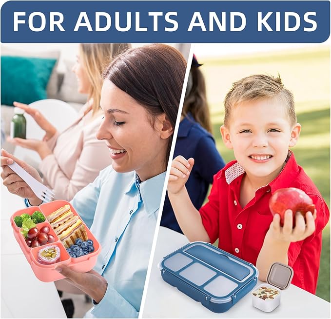 QQKO Bento Box Adult Lunch Box, Lunch Containers for Adults Men Women, Kids Lunch Boxes for School with 4 Compartments, Sauce Container