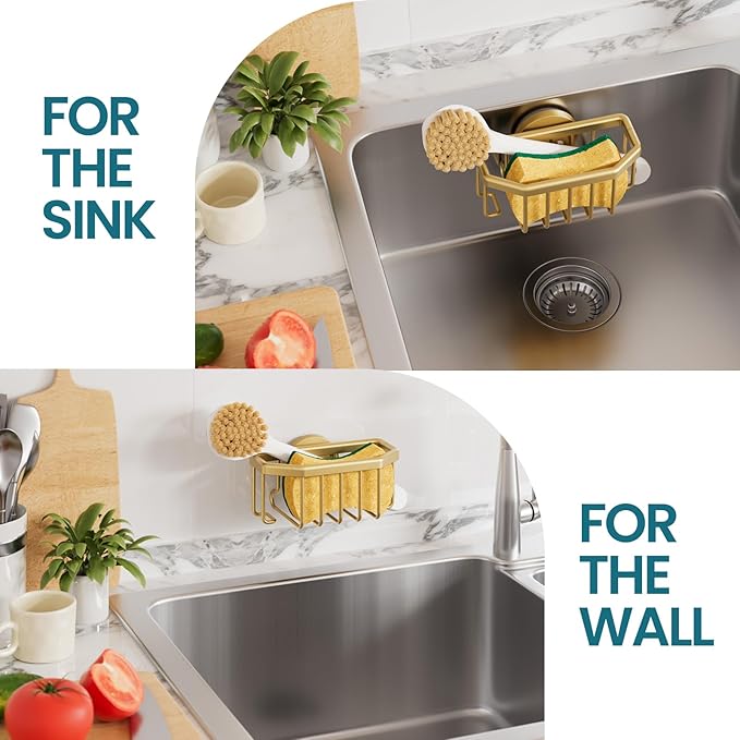 TAILI Sponge Holder for Kitchen Sink with Strong Suction Cup, Rustproof Aluminum Sink Caddy for Sponges, Brushes, Stoppers & Scrapers, Gold