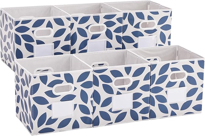 Houser 6 Pack Foldable Fabric Storage Bins with Handles, Blue, 12"x12"x12"