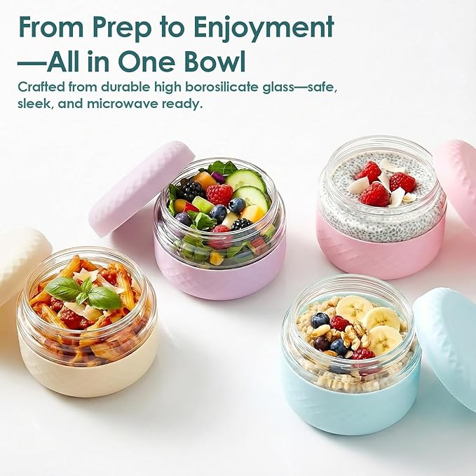 4 Pack 16 oz Glass Lunch Bowl Containers with Lids | Leak & Spill Proof, BPA-Free, Microwave & Dishwasher Safe