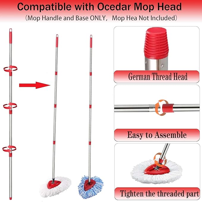 Spin Mop Replacement Handle, 4-Section 30-to-58 inch Mop Replacement Stick and Base Compatible with Ocedar Mop Handle for Easy Wring Mop Refills, Germany Screw Joint(Mop Head not Include)
