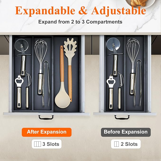 Bamboo Kitchen Tool Drawer Organizer Storage Black Cutlery Tray Expandable Silverware Drawer Divider Organizers Large Cooking Utensil Holder for Drawers Spoon Flatware Organizer Silverware Trays