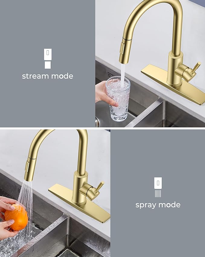 FORIOUS Gold Kitchen Faucet with Pull Down Sprayer, High Arc Modern Classic Sink Faucet Stainless Steel with Deck Fit for 1 or 3 Hole for Pot Filler Bar Farmhouse Laundry Rv, Brushed Champagne Golden