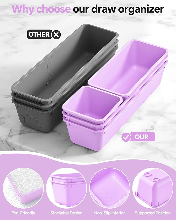 13 Pack Plastic Drawer Organizers Set, Purple