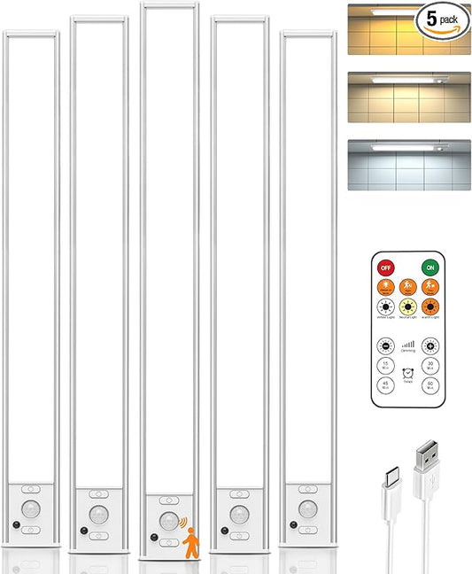 16inch Under Cabinet Lighting Wireless, Rechargeable Motion Sensor Light Indoor, Closet Lights with Remote, 3 Color Temps & Dimmable, Magnetic Under Counter Lights for Kitchen, Stairs, Pantry, 5 Pack