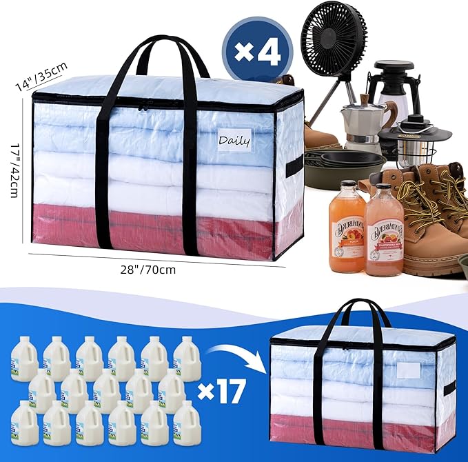 TAILI Extra Large Moving Bags, 4 Pack Clear Heavy Duty Totes For Storage with Visible Window, Wrap Around Handles, Storage Bags for Space Saving
