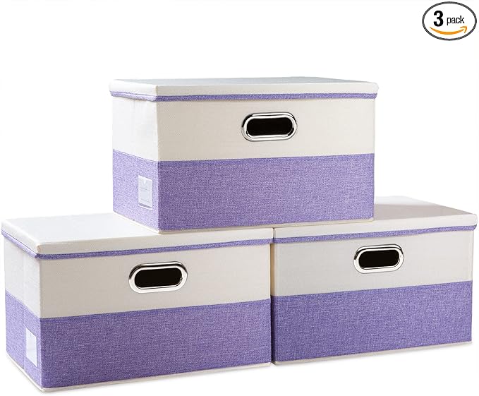 Large Foldable Storage Bins with Lids [3-Pack] linen Fabric Decorative Storage