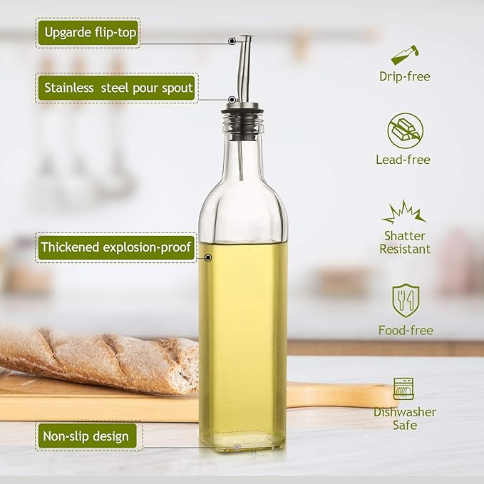 AOZITA [2 PACK] 17 oz Glass Olive Oil Dispenser Bottle Set - 500ml Clear Oil & Vinegar Cruet Bottle with Pourers, Funnel and Labels